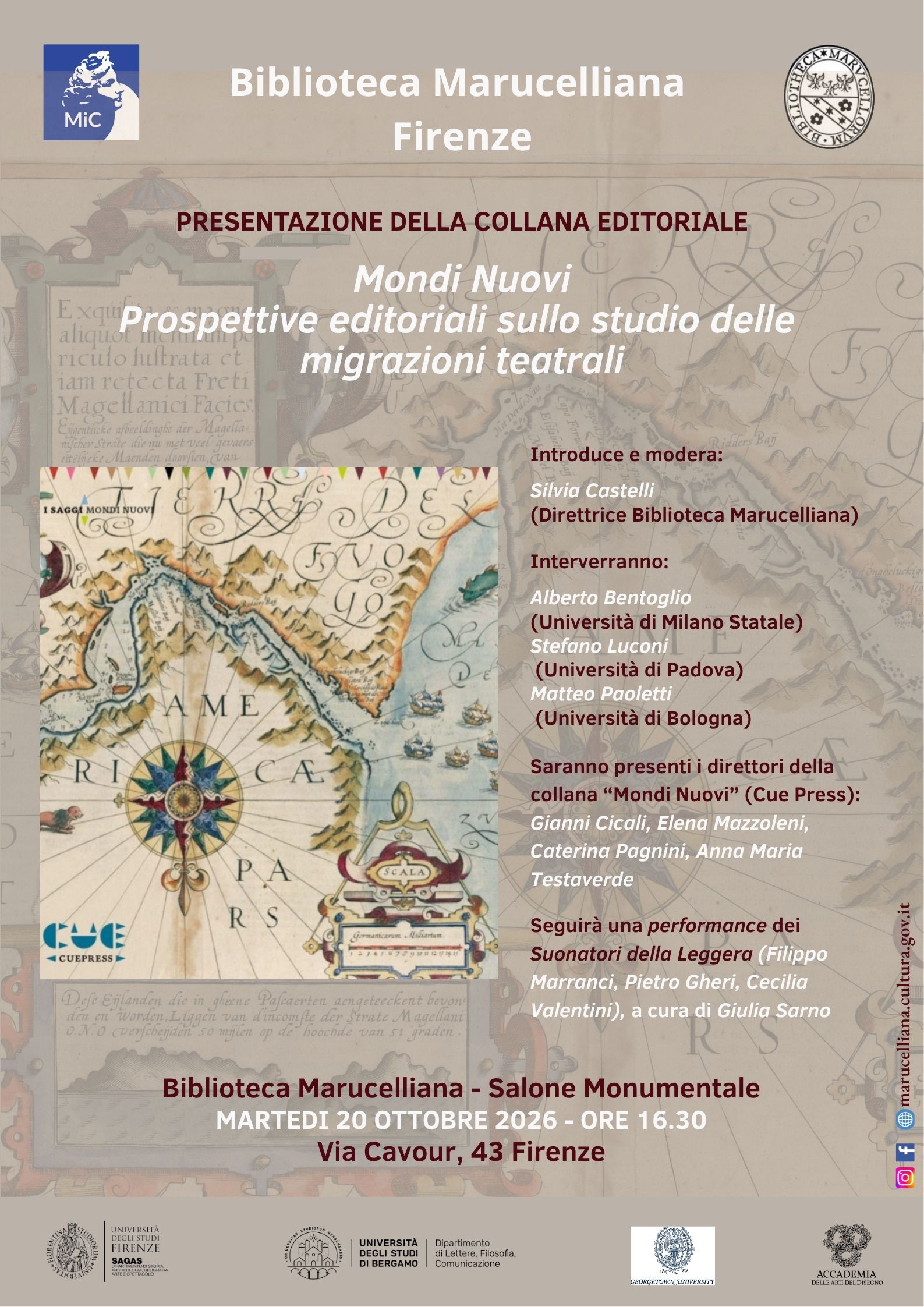 PRESENTAZIONE COLLANA EDITORIALE: " Mondi Nuovi. Prospettive editoriali sullo studio delle migrazioni teatrali" - Martedì 20 ottobre 2026, Salone Monumentale, Biblioteca Marucelliana di Firenze